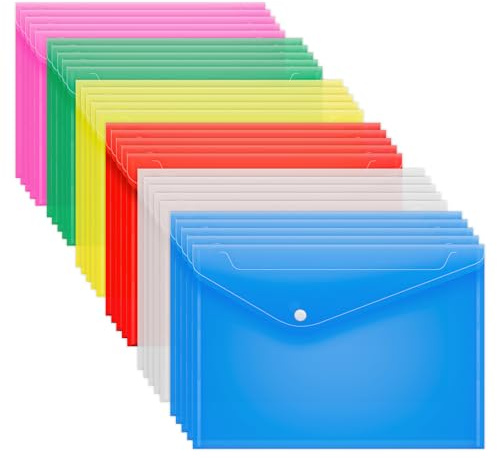 A4 Plastic Wallets 30Pcs File Folder Document Wallets Waterproof Plastic Wallet Transparent Colours with Button Storage and Organization Office Supplies