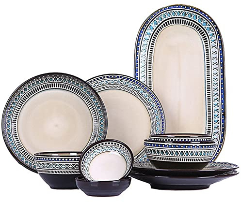CCKUYT Juego de vajilla de gres de 53 Piezas, Servicio de Cena para 12, Juego de Platos de cerámica para la Cena, Juego de Platos de Porcelana esmaltada, Platos Combinados para Ensalada, Pa