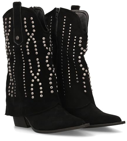 97102 Botin Cowboy para Mujer con Diseno campero. Tachuelas metalicas, Punta Fina y Tacon. Ideal para la Temporada Otono Invierno. Negro Talla 39