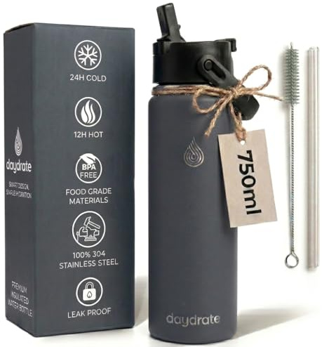 Insulated Metal Water Bottle with Straw 750ml- Stainless Steel Water Bottle, BPA Free, Dual Lid Straw & Spout, Leakproof, 24 Hours Cold & Hot, Work, Travel, Gym Bottle for Men & Women - Grey- Daydrate