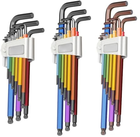 Juego de 9 llaves hexagonales en forma de L con extremo de bola, llaves hexagonales de acero de alto carbono para reparación de herramientas manuales, mango ergonómico codificado por colores para un