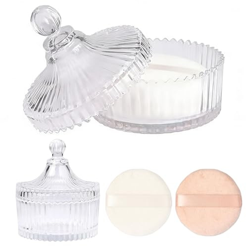 Juego de 3 botes de polvo de cristal para polvos corporales, estuche para polvos corporales, bote de polvo para bebés con borla de polvo, adecuado como regalo para mujeres, para el hogar y los viajes
