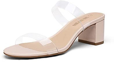 DREAM PAIRS Women's Two Strap Open Toe Low Block Chunky Heels Sandals Dress Pumps Casual Summer Mules Shoes,Size 9,Nude/Tpu,DHS213