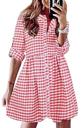 FANCYINN Vestido Camisero de Cuadros Vichy para Mujer Manga Larga Botones Blusas túnica Informal Minivestido a Cuadros Rojo y Blanco S