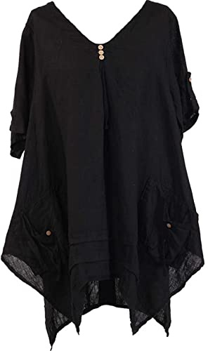 JJ CLOTHING New Ladies Italian Quirky Lagenlook Tunic Top Women Linen Tunic Blouse Plus Sizes (Black)