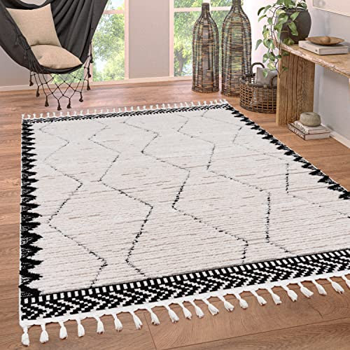 Paco Home Teppich Wohnzimmer Schlafzimmer Kurzflor Boho Modern Ethno Skandinavischer Stil Geometrisches Rautenmuster 3D Effekt Fransen, Grösse:120 cm Rund, Farbe:Schwarz 2