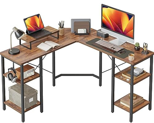 CubiCubi L-förmiger Computertisch, 128 x 128 cm Industrial Office Eckschreibtisch Schreibtisch mit Aufbewahrungsregalen, Platzsparend, Dunkelbraun