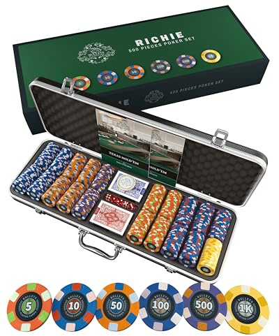 Bullets Playing Cards | Pokerkoffer „Richie“ mit 500 Keramik Pokerchips 10g | Pokerset mit Karten, Würfeln, Dealer Button & Pokerregeln