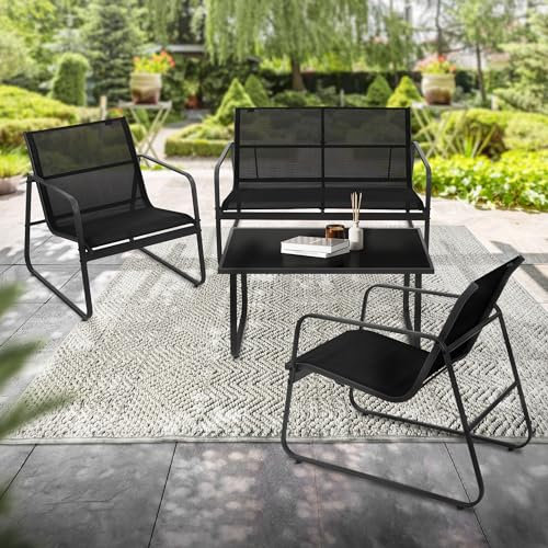 ML-Design Set di Mobili da Giardino 4 Pezzi in Acciaio Nero Mobili da Balcone Gruppo di Sedute per 4 Persone da Giardino con Tavolo in Vetro Divano e 2 Sedie per Balconi e Terrazze