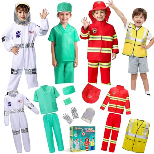 LOYO Kids Role Play Dress Up Clothes for 3-8 Years Old Play, 4 Sets Astronaut/Doctor/Fireman/Construction Costume for Kids And Toddlers Boys Halloween Costumes