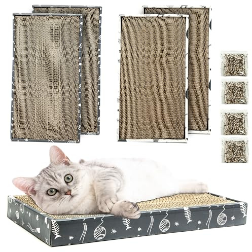 4x CORRUGATE Cat Scratching Board with CATNIP - Cat Scratcher for Indoor Cats, Box Scratch Pad, Cardboard, Bed, Reversible, Cleaner, Safe for Paws (White/Grey (Pack of 4), Animal Print)
