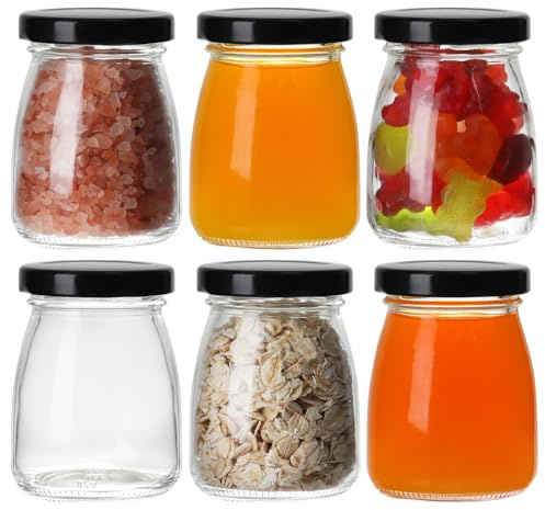TOEKSIX 100ml/3.4oz Small Glass Jars with Black Lids, 6-Pack - Mini Milk Bottles & Pudding Storage Jars for Party Favors
