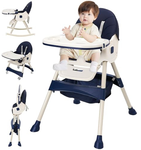 Baby High Chair 3 in 1 Highchair Adjustable Height Convertible High-Chair Portable DiningChair Foldable Baby Dining Chairs with Removable Tray Blue