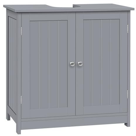 WOLTU Mueble Baño Bajo Lavabo, Armario Baño de Pie, con Recorte de Sifón y Estante Ajustable, Mueble Lavabo con 2 Puertas, Estilo Moderno, Madera, Gris Claro, 60x30x60 cm