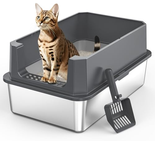 MIXJOY Arenero Acero Inoxidable Gatos XL, Arenero Gato 28L Gran Capacidad a Prueba de Fugas con Borde Alto, Arenero Abierto para Gatos con Recogedor de Arena, 56.5x36.5x25.5cm