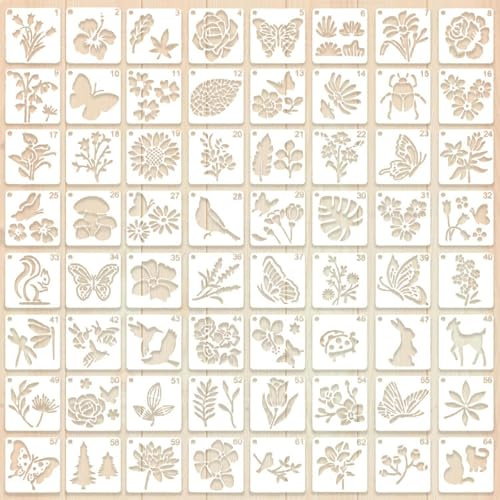 64 Pcs Flower Stencils for Painting, 3in Reusable Animals and Plants Stencils Set Flower Leaf and Animal Crafts Drawing Stencils for DIY Furniture Scrapbooking Card Wall Wood Floor Textile Decoration