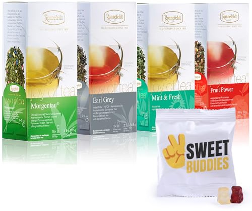 Ronnefeldt Joy of Tea 4er Mix – Earl Grey, Grüntee, Früchtetee & Pfefferminztee – Tee Set für Frauen & Männer - Wintertee Probierset inkl. Sweet Buddies Fruchtgummi