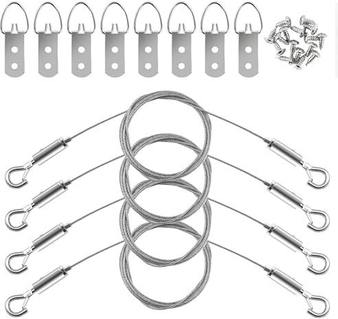 Picture Hanging Wire Kit, 4Pcs Stainless Steel Wire Rope with D Ring, Picture Hangers with Screws Picture Hanging Kit for Hanging Mirror Curtain Photo Frame