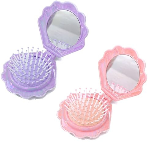 2 mini spazzole per capelli a forma di conchiglia, rotonde da viaggio con specchio, pratico pettine pieghevole da donna, portatile, spazzola per massaggio alla testa, piccola spazzola per capelli da