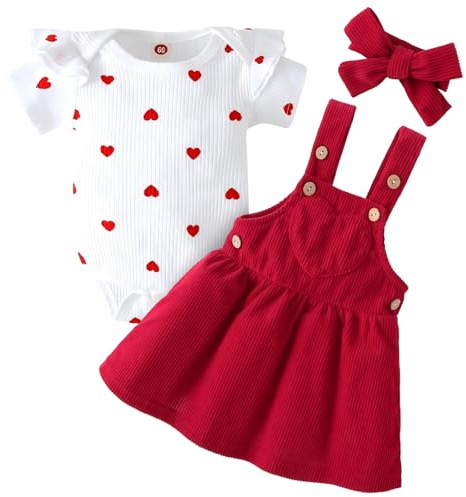 Asmea Vestiti Neonato Femmina Estivo Body Neonata Maniche Corte + Gonna a Bretelle Regolabile + Fascia per Capelli Completo Abbigliamento Bimba Tutina Neonato 3-6 Mesi Femmina Regalo Neonata Rosso
