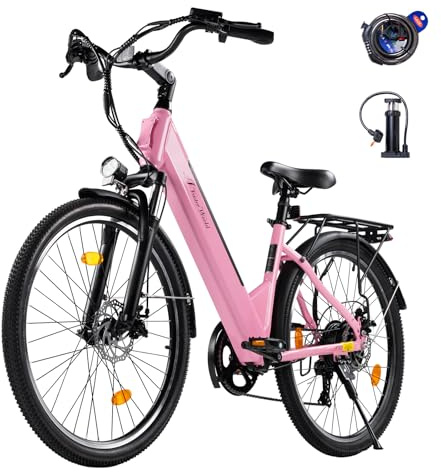 VDL Vélo électrique 26 rose pour homme et femme, batterie 48 V 10,4 Ah, dérailleur à 7 vitesses, freins à disque, lumière LED, fourche suspendue, vélo électrique pour ville et quotidien