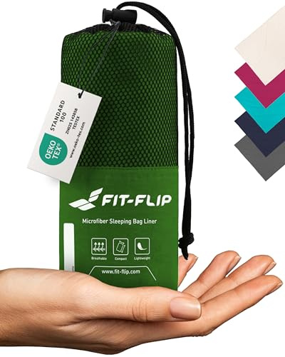 Fit-Flip Sacco Lenzuolo da Viaggio Microfibra - Sacco a pelo con scomparto per cuscino - Sacco Letto singolo ultraleggero e compatto - Sacco a Pelo leggero Estivo (verde scuro)