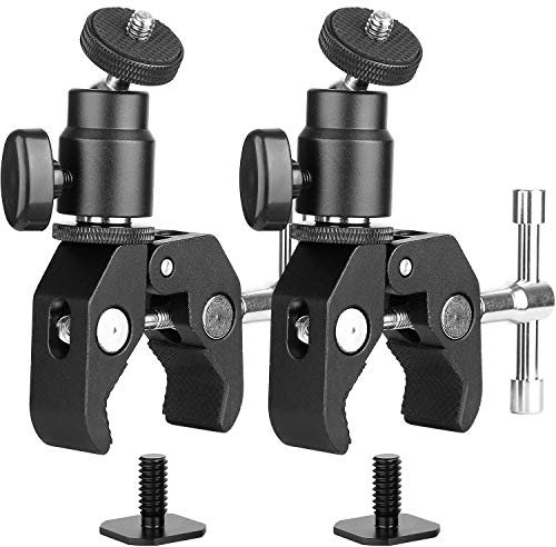 ChromLives 2Pack Montaje de Abrazadera de cámara Cabeza de Bola- Súper Abrazadera y Mini Cabeza de Bola Zapata Caliente con 1/4-20 Tornillo para Monitor, Luces LED, Flash, micrófono y más