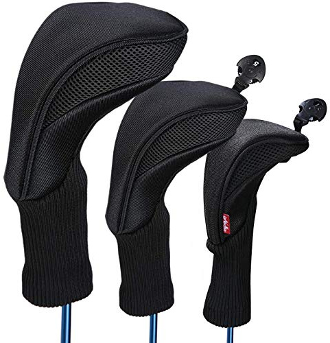 LONGCHAO Golf Club Head Cover for Driver Fairway 3 Pcs Woods Headcovers, Golf Accessories Hybrid Head Covers Set with Interchangeable Tags 3 4 5 7 X (Black)