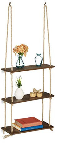 Relaxdays Hängeregal Holz, 3 Ablagen, Seil Regal, Deko, Pflanzen, Wohnzimmer, Küche, Wandregal, HBT: 96x43x15 cm, braun, 1 Stück