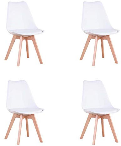 GrandCA HOME Pack de 4 Sillas Comedor Sillas de Cocina Nórdicas con Asiento Blando y Patas de Madera Maciza de Haya (Blanco)