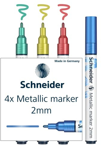 Schneider Paint-It Metallicmarker 4er Set (Set 1, Strichstärke 2 mm, neue Pigmenttechnologie, starker Glitzereffekt) blau, grün, rot, gelb