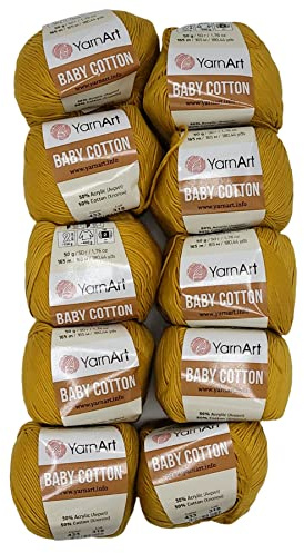 10 x 50g Strickwolle YarnArt Baby Cotton mit 50% Baumwolle, 500 Gramm Wolle einfarbig (senf 433)