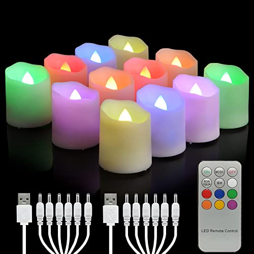 yunsheng 12 velas de té LED RGB recargables con temporizador de mando a distancia, recargables, sin llama, luz blanca cálida, decoración del hogar de Halloween (con 2 cables de carga USB)