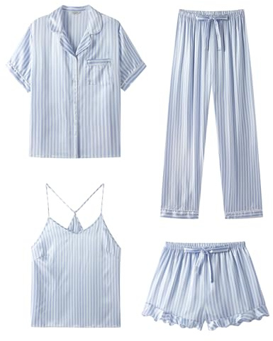 SAPJON Silk Satin 4 Piece Pajamas for Women Set, Camisole Lounge Ruffle Pjs