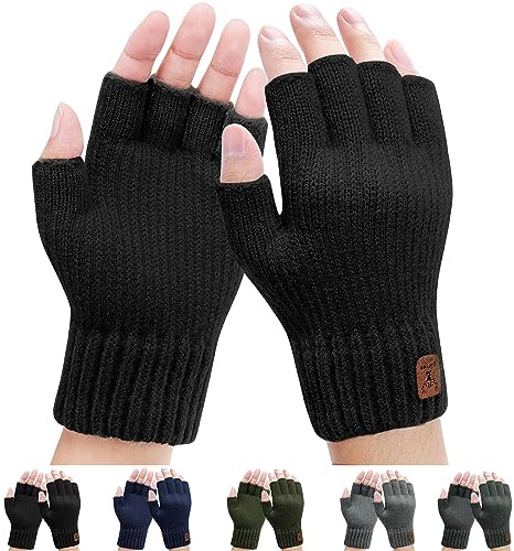 Men's Winter Thermal Fingerless Gloves - Knitted Half Finger Gloves for Outdoor, Working, Running, Cycling, Skiing (Black)