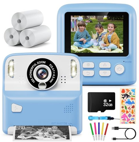 Kinderkamera,Kaishengyuan Sofortbildkamera Kinder Kamera, DigitalKamera 2.4 mit Druckpapier & 32G Karte,Geschenke für Mädchen Jungen 3-12 Jahren (Blau)
