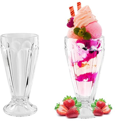 HOMESHOPA Ice Cream Sundae Glasses, Set of 2 Tall Classic Retro American Diner Style Milkshake Soda Fountain Knickerbocker Glory Dessert Glasses, Dishwasher Safe, 350ml