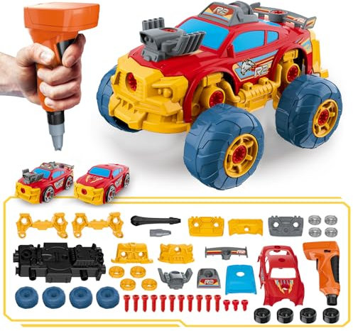 Pup Go 3-in-1 Take Apart Car for Boys Ages 3 4 5 6 7 8 Years Old, 46Pcs Construction Toy Truck with Electric Drill, Build Your Own Toy Car with Play Tools, Ideal STEM Gift for Kids Children (Red)