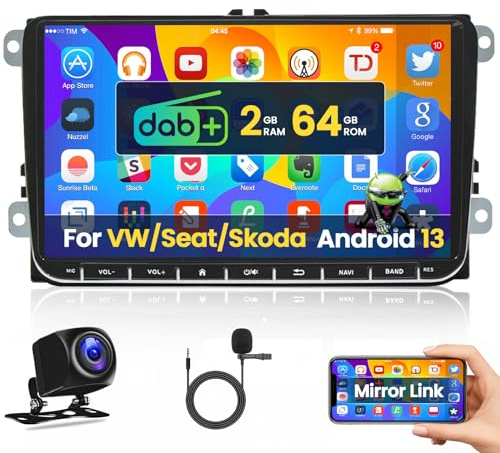 2+64G Android Car Stereo with DAB/DAB+ for VW Seat Skoda Radio, 9 Inch Touchscreen Car Radio with GPS Navi WiFi FM SWC Canbus Reverse Camera Mirror Link