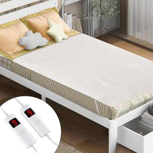 COSTWAY Heated Mattress Pad Full Size, Zone Heating Electric Mattress Pad with Dual Controllers, 9 Heat Settings & 9-Hour Auto Off, Machine Washable Bed Warmer for up to 10 Inches Mattress, 76â x 54â