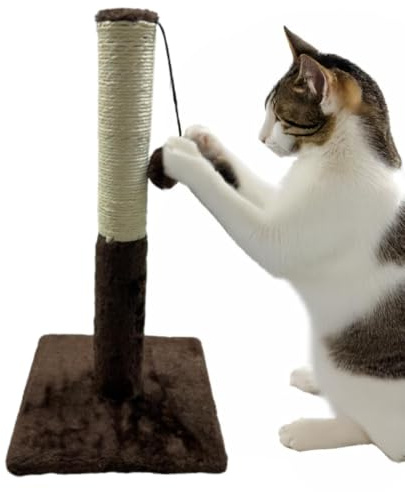 Pets Crew 48cm Cat Scratching Post with Sisal Pole, Plush Base, Pom-Poms | Sturdy Cat Furniture for Scratching, Climbing & Play | Durable Sisal Rope & Soft Plush for Kittens and Cats (Brown)