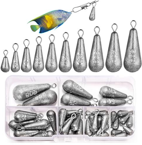 Tkxjry 40 Pezzi Peso Da Pesca Piombini, Piombo Da Pesca Forma Di Goccia Casting, Per in Mare E D'acqua Dolce (10 Taglie, Argento)