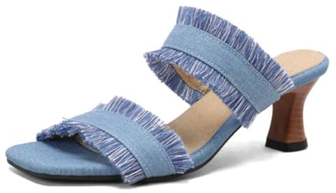 LYMLYB Sandales en Jean Tendance pour Femmes, à Talons Fins, Mules, Sandales à Enfiler, Bout Ouvert, Talon Bas,Gris,36 EU
