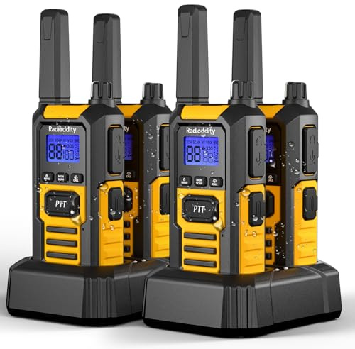 Radioddity HD-1 IP67 Waterproof Floating Walkie Talkies, Heavy Duty Long Range Two Way Radio w/ 2400mAh Battery One-Key Group Call, Vibrate Alert, SOS, Dual PTT, for Construction Hunting, 4 Packs