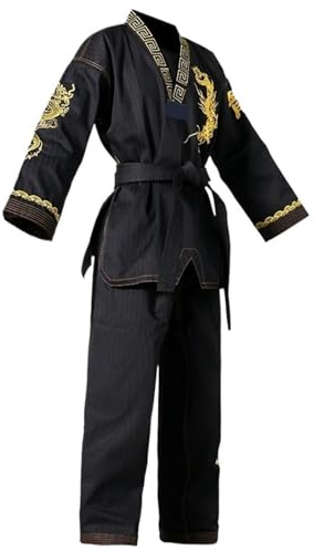 ATEUXOL Kimono de Karaté Uniforme de Taekwondo Noir, Costumes de karaté for Arts Martiaux, Motif de Dragon brodé(XS-130CM)