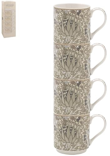 The Leonardo Collection William Morris, set di 4 tazze impilabili a tema carciofo natalizio, per bevande calde e fredde, resistenti tazze da caffè per casa e ufficio, facili da tenere per bevande e