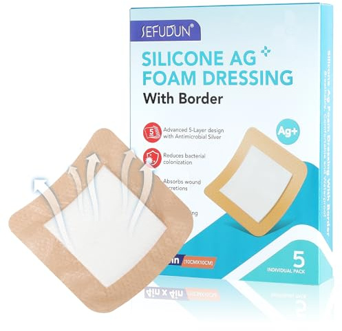 JYYWTSI Confezione da 5 Cerotti in Schiuma di Silicone 10×10 cm, con Ioni d’Argento, Impermeabili e Traspiranti, per la Guarigione delle Ferite e Cura Post-Operatoria