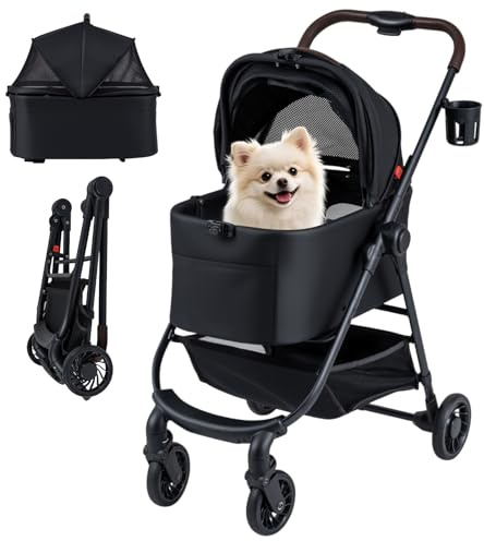 Maxmass 3 in 1 Foldable Pet Stroller, 4 Wheel Dog Pushchair with Detachable Car Seat Carrier, Adjustable Canopy, Storage Basket, Cup Holder, Travel Dog Buggy Pet Pram for Small Dogs Cats (Black)