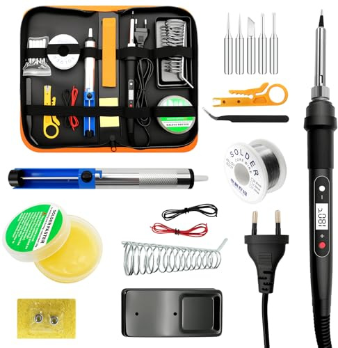 pkegpud Fer à Souder Kit 100W Température Réglable de 180-520°C fer a Souder Etain 16-en-1 Soudure Electronique de Precision Set avec 5 Pointes, Fil à Souder, Support de Fer