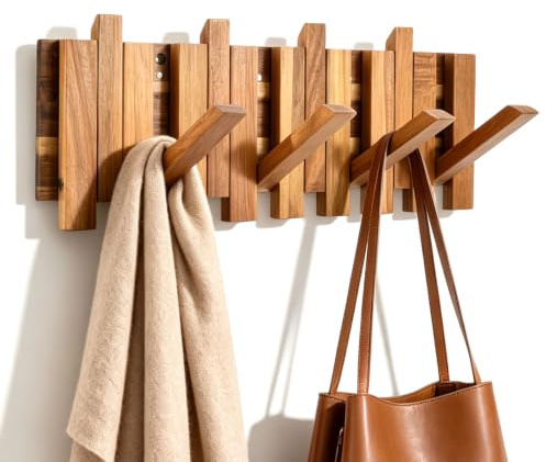 Perchero Pared Madera 42CM – 8 Ganchos Plegables, Colgador Magnético